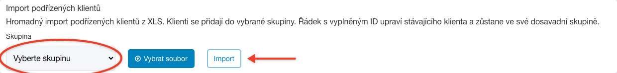 Import podřízených klientů s polem Skupina a tlačítkem Import